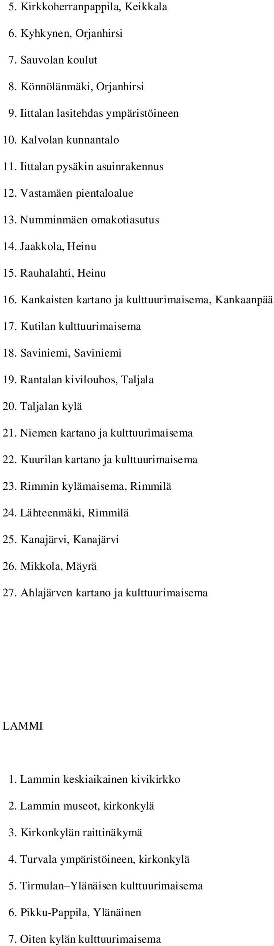 Kutilan kulttuurimaisema 18. Saviniemi, Saviniemi 19. Rantalan kivilouhos, Taljala 20. Taljalan kylä 21. Niemen kartano ja kulttuurimaisema 22. Kuurilan kartano ja kulttuurimaisema 23.