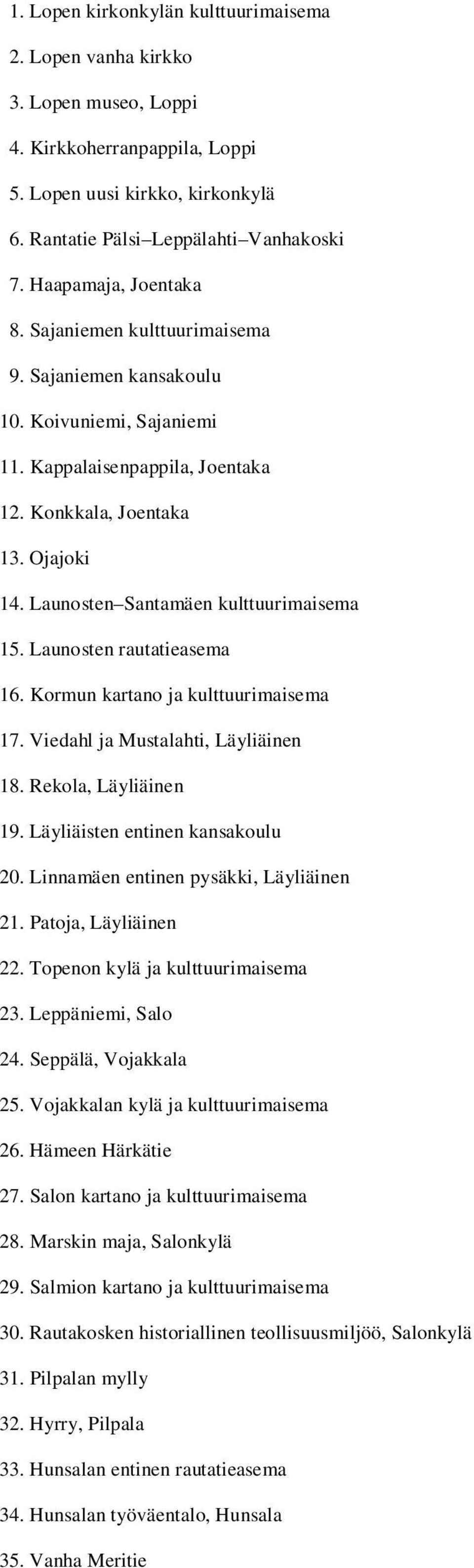 Launosten Santamäen kulttuurimaisema 15. Launosten rautatieasema 16. Kormun kartano ja kulttuurimaisema 17. Viedahl ja Mustalahti, Läyliäinen 18. Rekola, Läyliäinen 19.