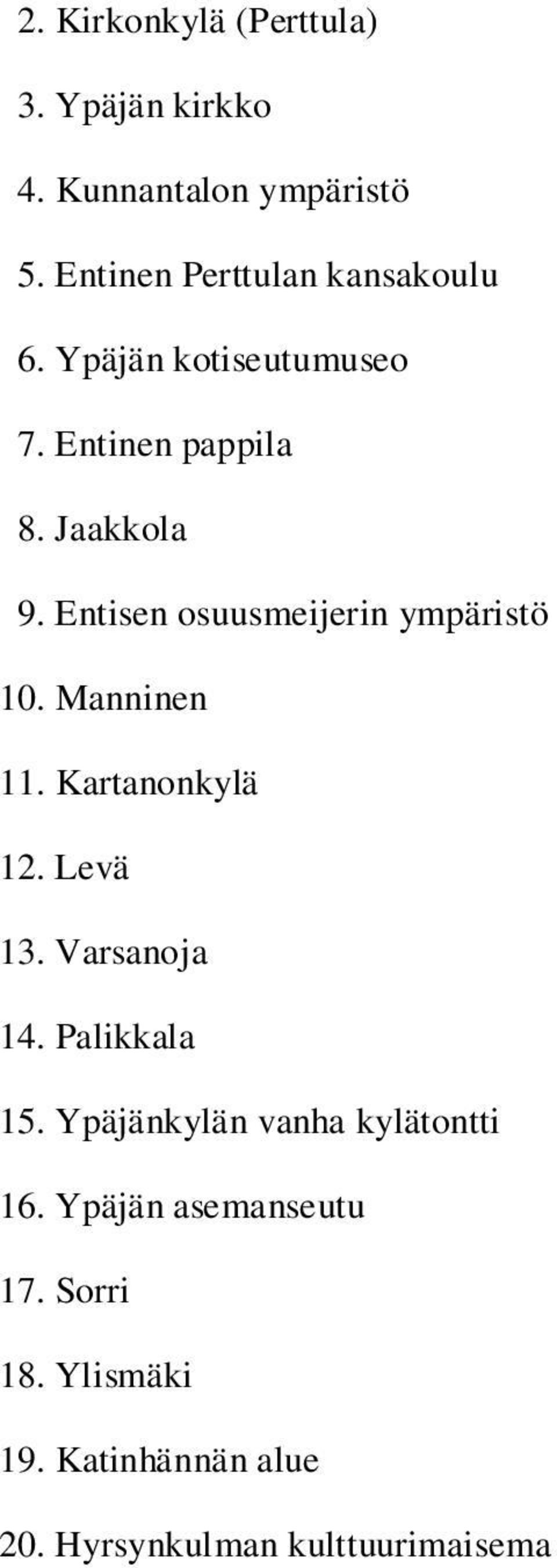 Entisen osuusmeijerin ympäristö 10. Manninen 11. Kartanonkylä 12. Levä 13. Varsanoja 14.