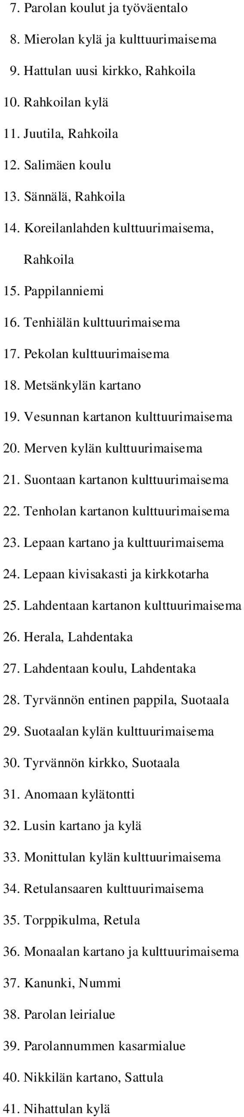 Merven kylän kulttuurimaisema 21. Suontaan kartanon kulttuurimaisema 22. Tenholan kartanon kulttuurimaisema 23. Lepaan kartano ja kulttuurimaisema 24. Lepaan kivisakasti ja kirkkotarha 25.