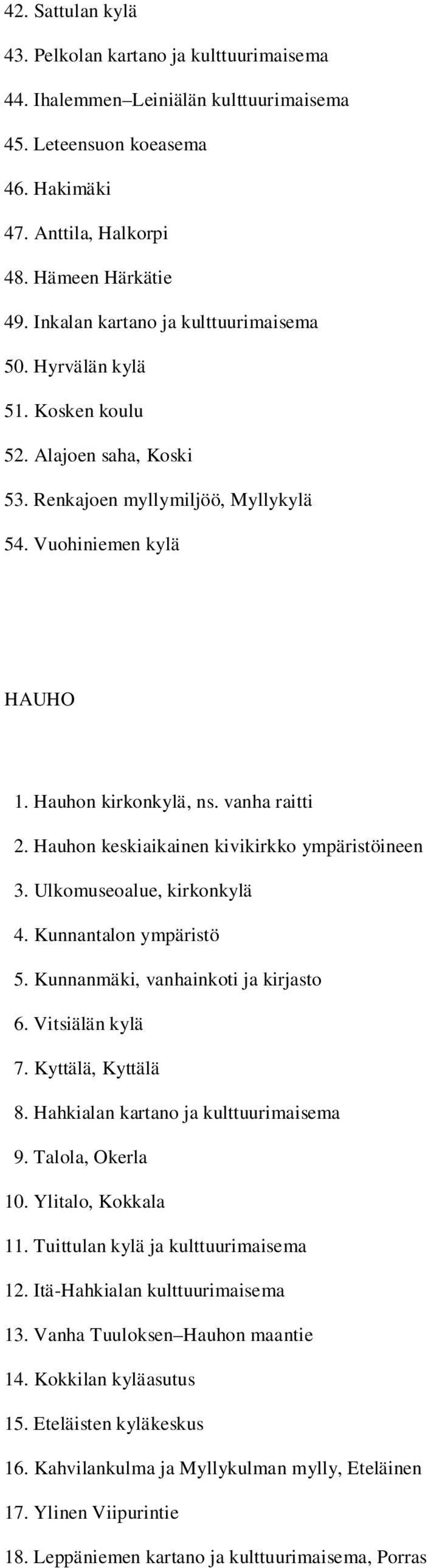 Hauhon keskiaikainen kivikirkko ympäristöineen 3. Ulkomuseoalue, kirkonkylä 4. Kunnantalon ympäristö 5. Kunnanmäki, vanhainkoti ja kirjasto 6. Vitsiälän kylä 7. Kyttälä, Kyttälä 8.