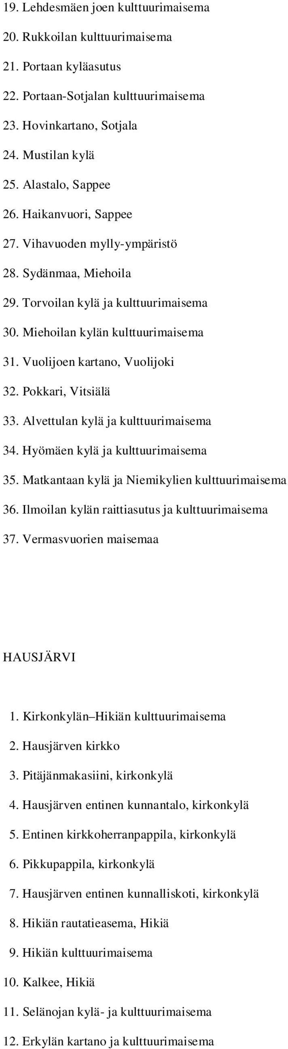Pokkari, Vitsiälä 33. Alvettulan kylä ja kulttuurimaisema 34. Hyömäen kylä ja kulttuurimaisema 35. Matkantaan kylä ja Niemikylien kulttuurimaisema 36.
