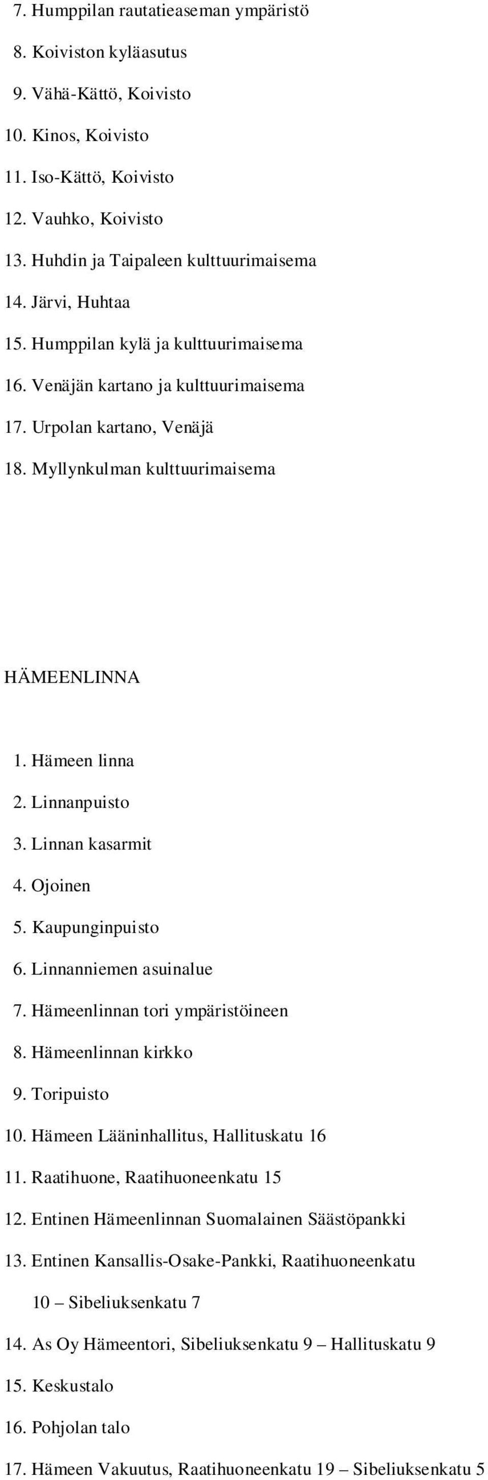 Linnanpuisto 3. Linnan kasarmit 4. Ojoinen 5. Kaupunginpuisto 6. Linnanniemen asuinalue 7. Hämeenlinnan tori ympäristöineen 8. Hämeenlinnan kirkko 9. Toripuisto 10.