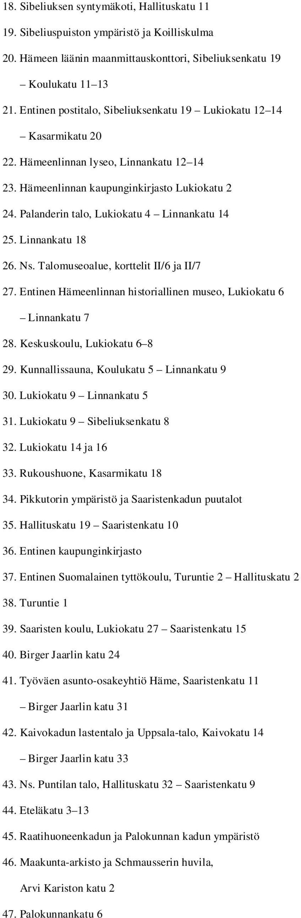 Palanderin talo, Lukiokatu 4 Linnankatu 14 25. Linnankatu 18 26. Ns. Talomuseoalue, korttelit II/6 ja II/7 27. Entinen Hämeenlinnan historiallinen museo, Lukiokatu 6 Linnankatu 7 28.