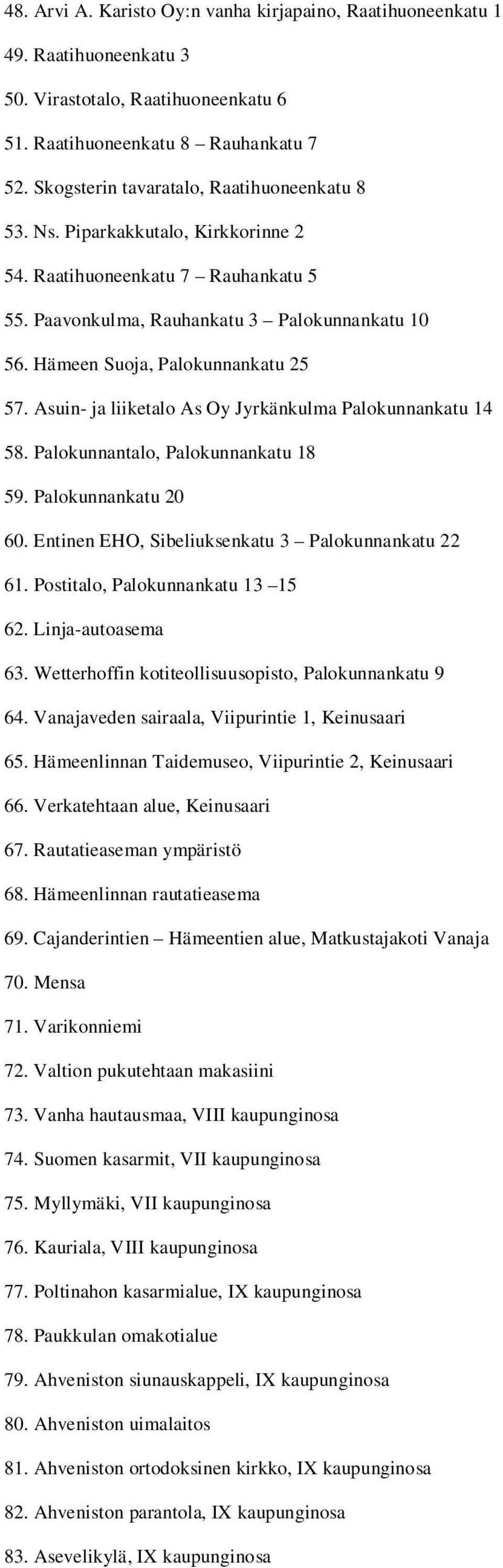 Hämeen Suoja, Palokunnankatu 25 57. Asuin- ja liiketalo As Oy Jyrkänkulma Palokunnankatu 14 58. Palokunnantalo, Palokunnankatu 18 59. Palokunnankatu 20 60.