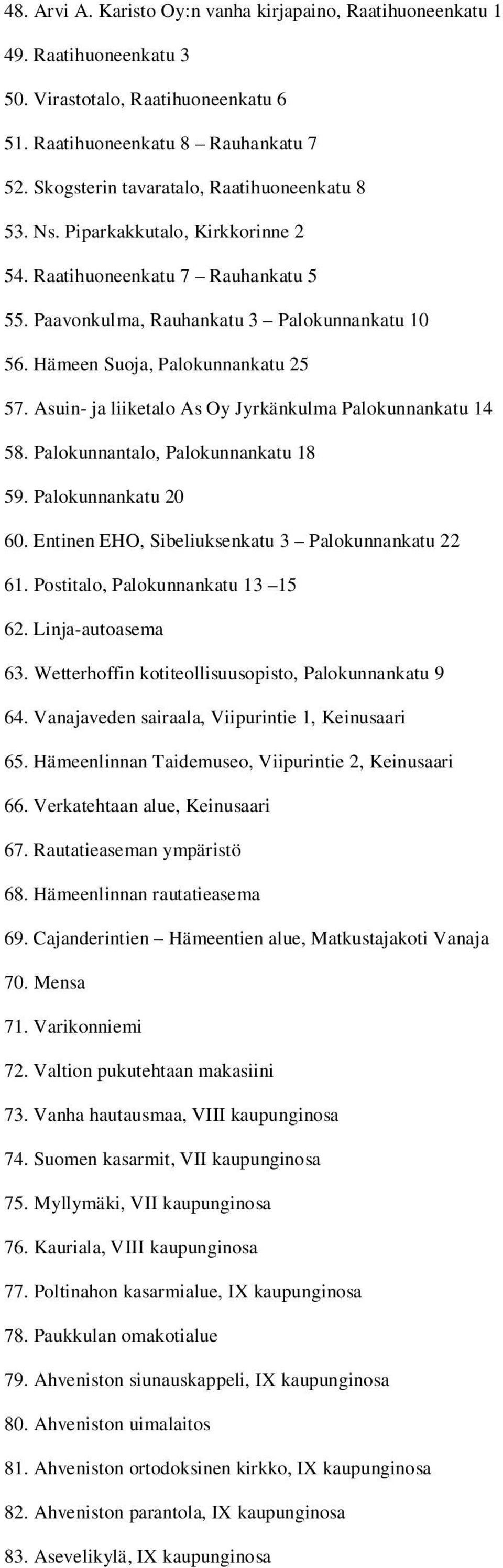 Hämeen Suoja, Palokunnankatu 25 57. Asuin- ja liiketalo As Oy Jyrkänkulma Palokunnankatu 14 58. Palokunnantalo, Palokunnankatu 18 59. Palokunnankatu 20 60.