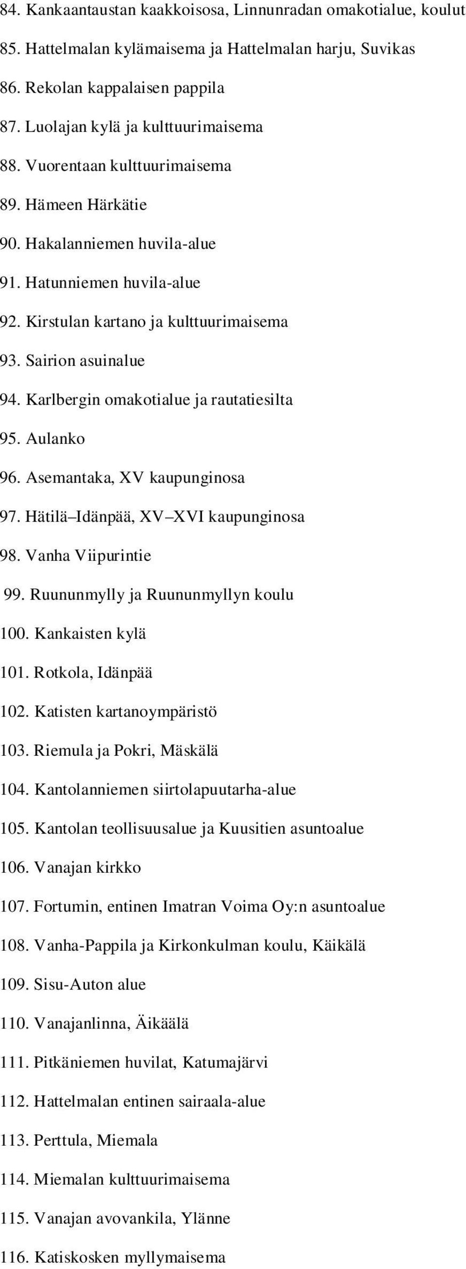 Karlbergin omakotialue ja rautatiesilta 95. Aulanko 96. Asemantaka, XV kaupunginosa 97. Hätilä Idänpää, XV XVI kaupunginosa 98. Vanha Viipurintie 99. Ruununmylly ja Ruununmyllyn koulu 100.