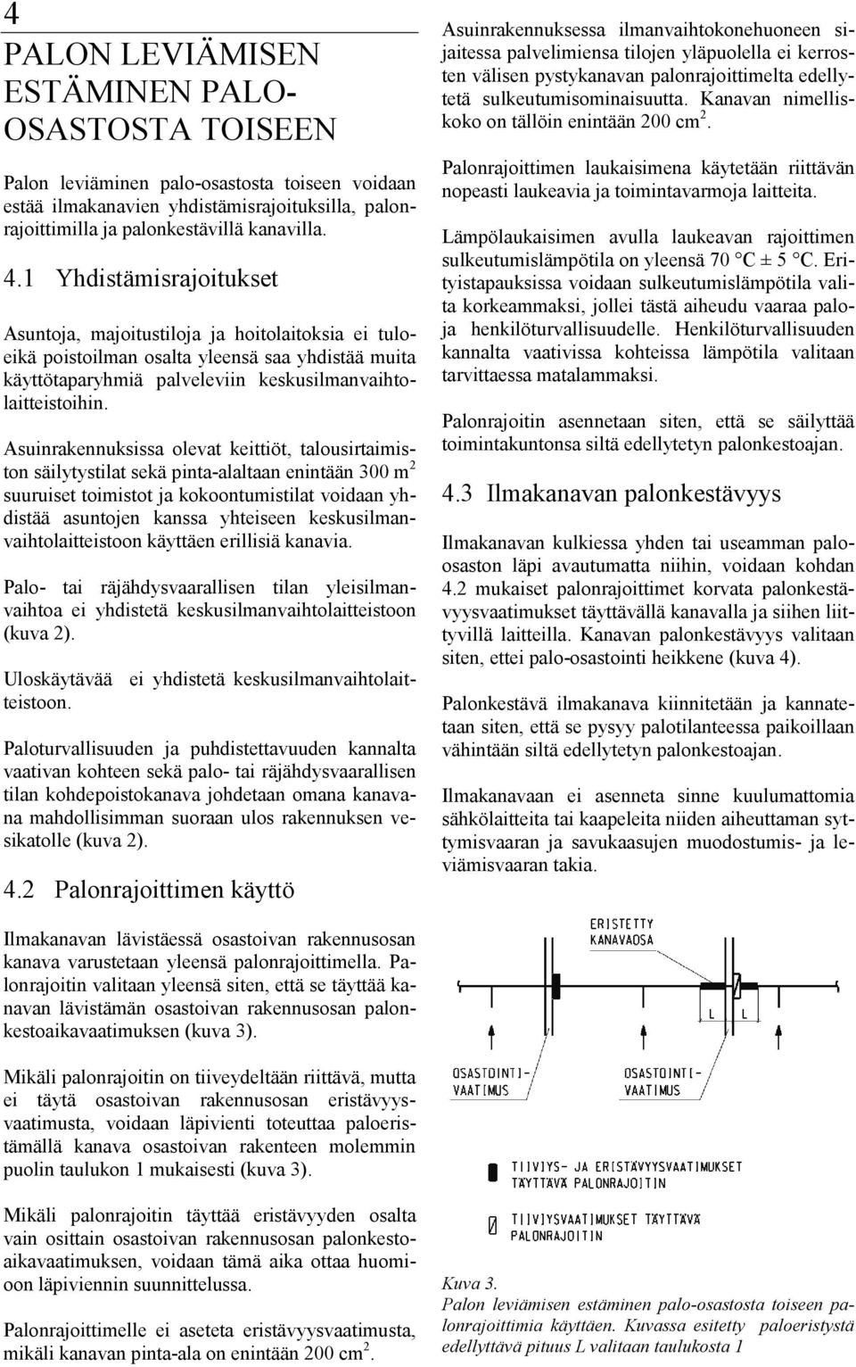 PALON LEVIÄMISEN ESTÄMINEN PALO- OSASTOSTA TOISEEN Palon leviäminen palo-osastosta toiseen voidaan estää ilmakanavien yhdistämisrajoituksilla, palonrajoittimilla ja palonkestävillä kanavilla. 4.