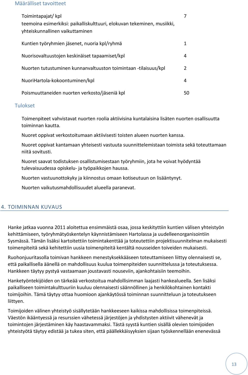 Tulokset Toimenpiteet vahvistavat nuorten roolia aktiivisina kuntalaisina lisäten nuorten osallisuutta toiminnan kautta. Nuoret oppivat verkostoitumaan aktiivisesti toisten alueen nuorten kanssa.