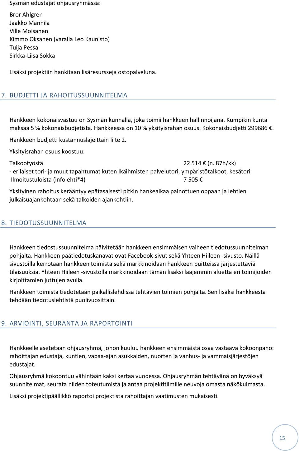 Hankkeessa on 10 % yksityisrahan osuus. Kokonaisbudjetti 299686. Hankkeen budjetti kustannuslajeittain liite 2. Yksityisrahan osuus koostuu: Talkootyöstä 22 514 (n.