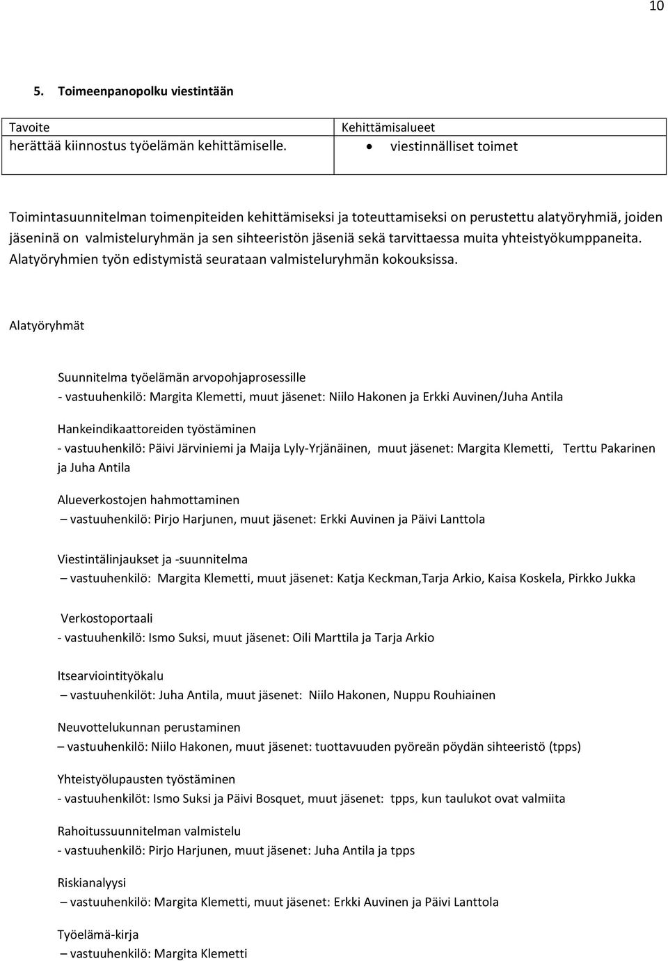 tarvittaessa muita yhteistyökumppaneita. Alatyöryhmien työn edistymistä seurataan valmisteluryhmän kokouksissa.