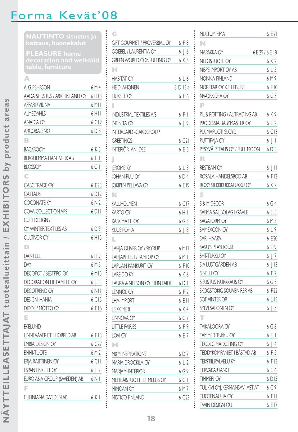 OY 6 E 23 CATTAUS 6 D 12 COCONATE KY 6 N 2 COVA COLLECTION APS 6 D 11 CULT DESIGN / OY WINTER TEXTILES AB 6 D 9 CULTIVOR OY 6 H 15 D DANTELLI 6 H 9 DAY 6 M 5 DECOPOT / BESTPRO OY 6 M 15 DECORATION DE