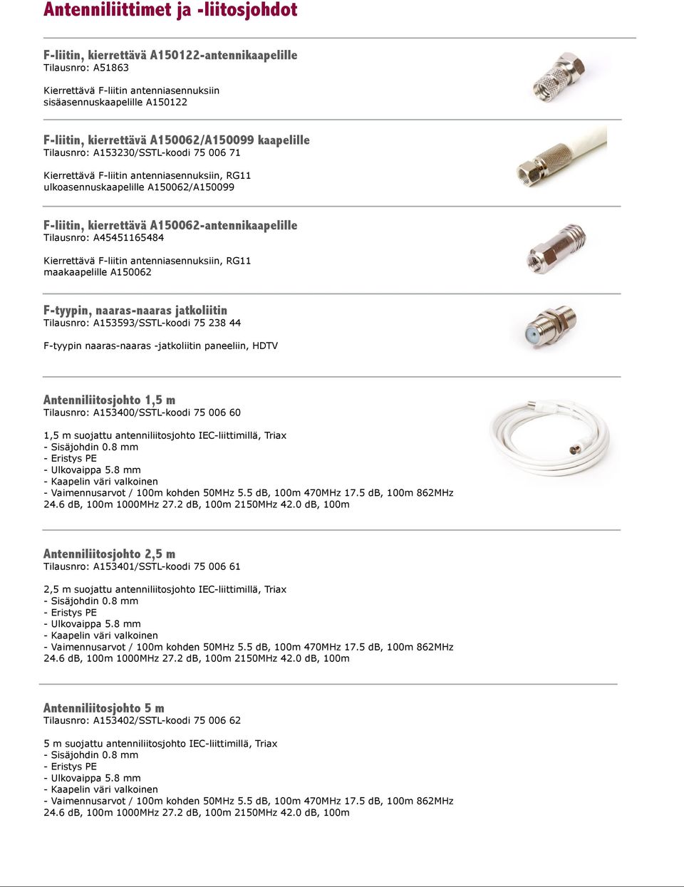 Tilausnro: A45451165484 Kierrettävä F-liitin antenniasennuksiin, RG11 maakaapelille A150062 F-tyypin, naaras-naaras jatkoliitin Tilausnro: A153593/SSTL-koodi 75 238 44 F-tyypin naaras-naaras