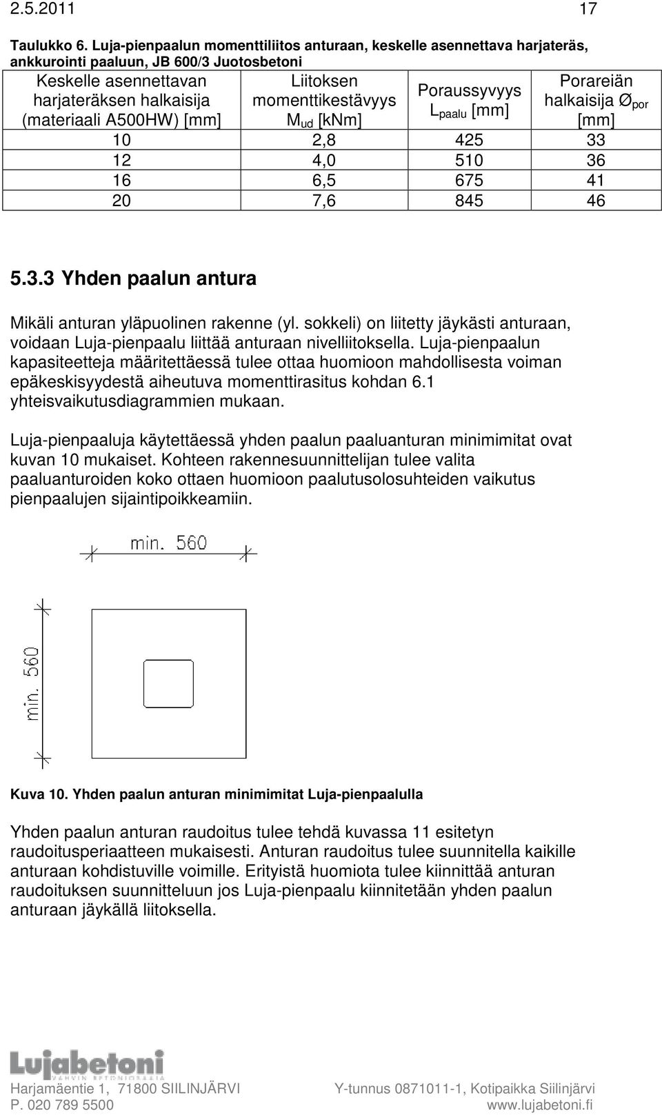 momenttikestävyys M ud [knm] Poraussyvyys L paalu [mm] Porareiän halkaisija Ø por [mm] 10 2,8 425 33 12 4,0 510 36 16 6,5 675 41 20 7,6 845 46 5.3.3 Yhden paalun antura Mikäli anturan yläpuolinen rakenne (yl.