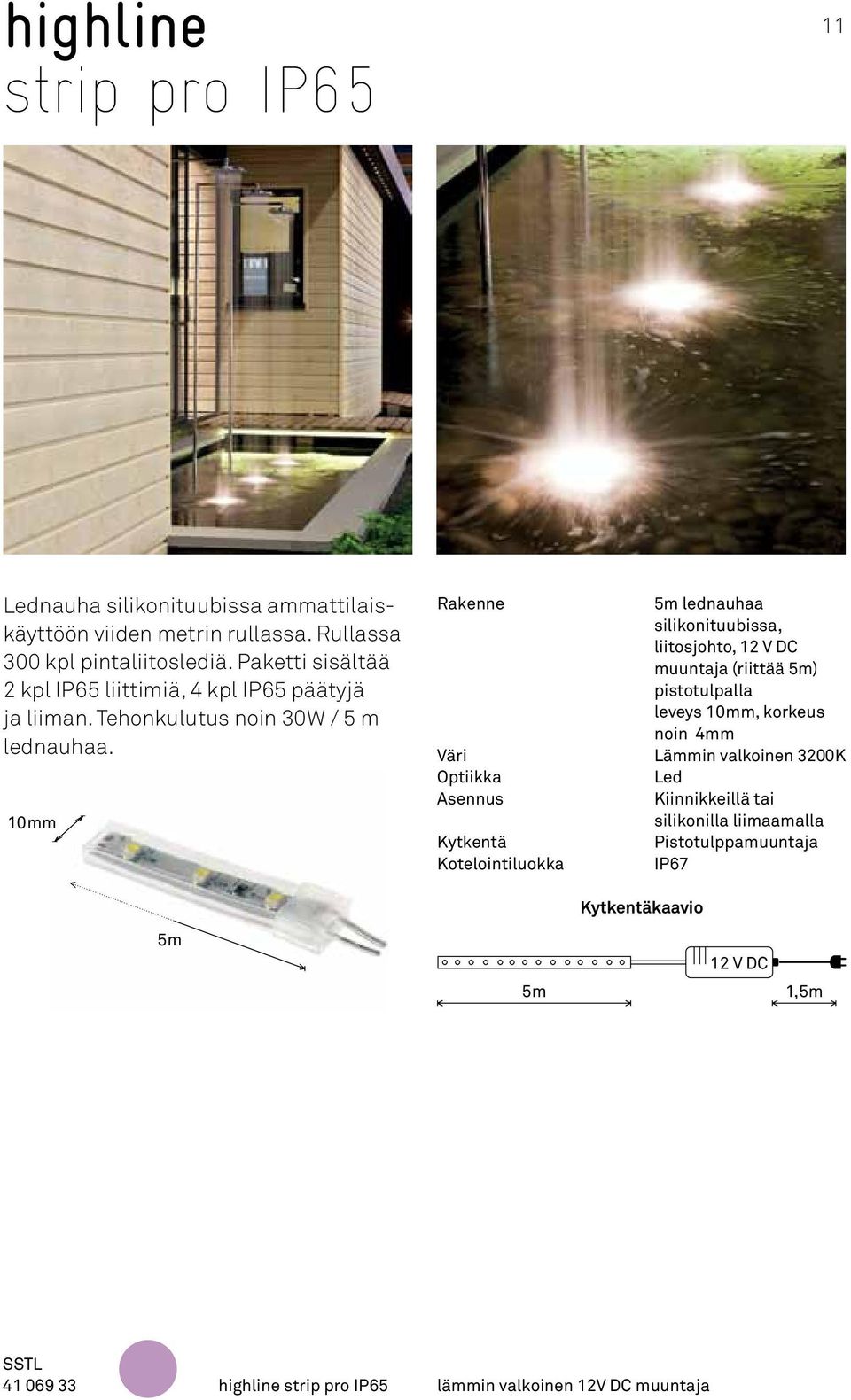 10mm Optiikka kaavio 5m lednauhaa silikonituubissa, liitosjohto, 12 V DC muuntaja (riittää 5m) pistotulpalla leveys 10mm, korkeus noin