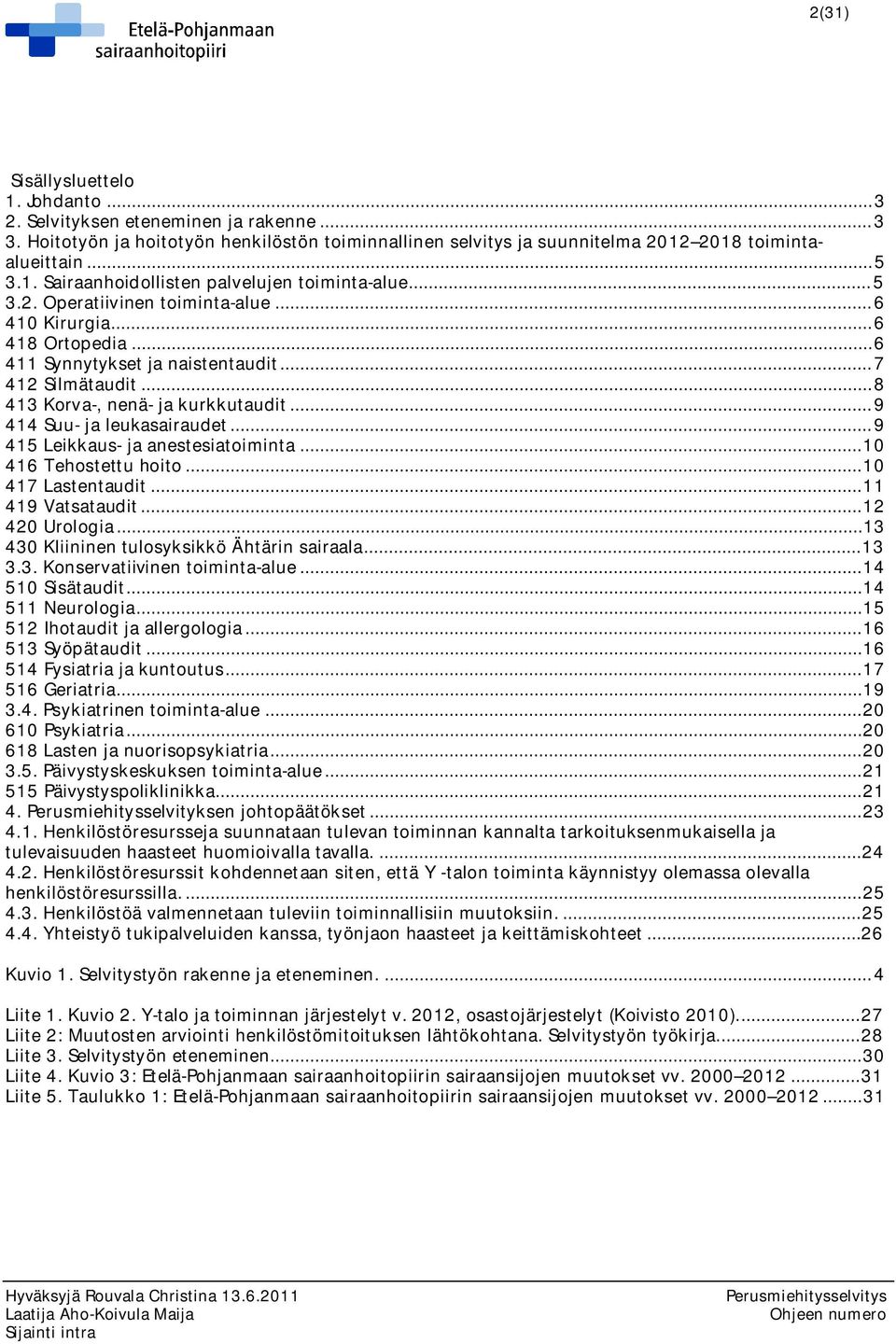 ..9 415 Leikkaus- ja anestesiatoiminta...10 416 Tehostettu hoito...10 417 Lastentaudit...11 419 Vatsataudit...12 420 Urologia...13 430 Kliininen tulosyksikkö Ähtärin sairaala...13 3.3. Konservatiivinen toiminta-alue.