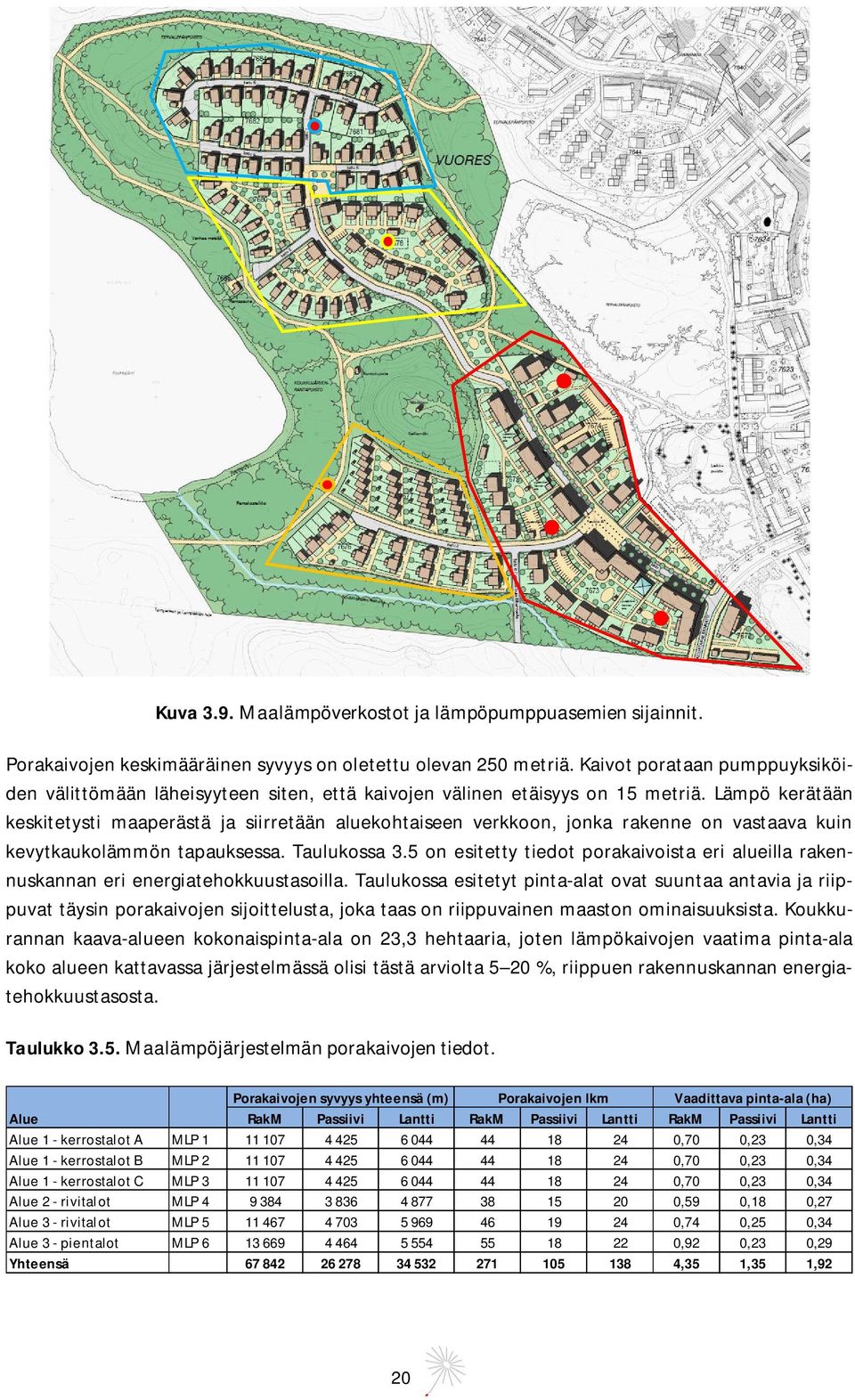 Lämpö kerätään keskitetysti maaperästä ja siirretään aluekohtaiseen verkkoon, jonka rakenne on vastaava kuin kevytkaukolämmön tapauksessa. Taulukossa 3.