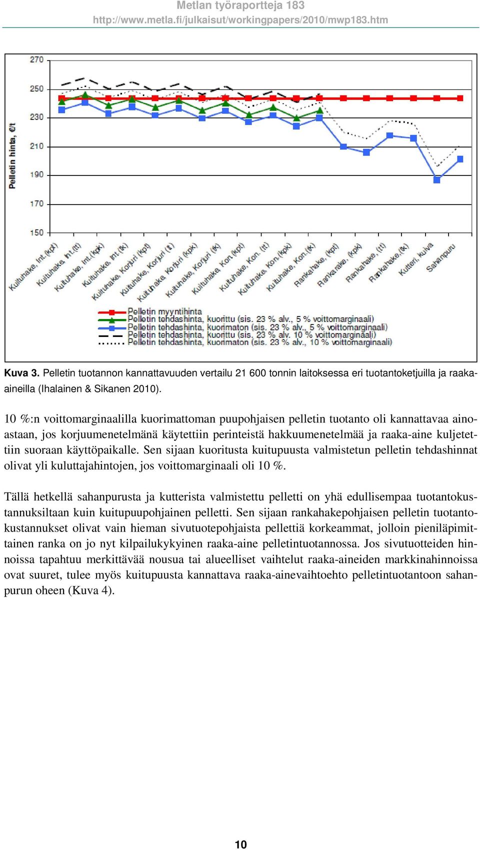 käyttöpaikalle. Sen sijaan kuoritusta kuitupuusta valmistetun pelletin tehdashinnat olivat yli kuluttajahintojen, jos voittomarginaali oli 10 %.