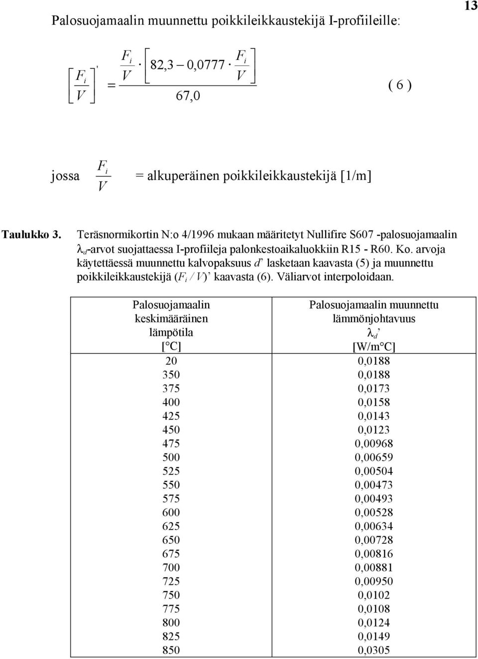 arvoja käytettäessä muunnettu kalvopaksuus d lasketaan kaavasta (5) ja muunnettu poikkileikkaustekijä (F i / V) kaavasta (6). Väliarvot interpoloidaan.