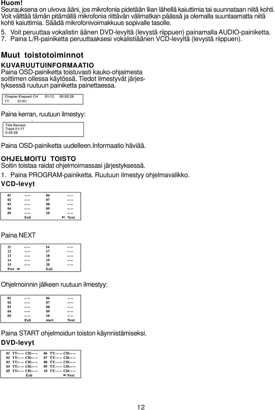 Voit peruuttaa vokalistin äänen DVD-levyltä (levystä riippuen) painamalla AUDIO-painiketta. 7. Paina L/R-painiketta peruuttaaksesi vokalistiäänen VCD-levyltä (levystä riippuen).