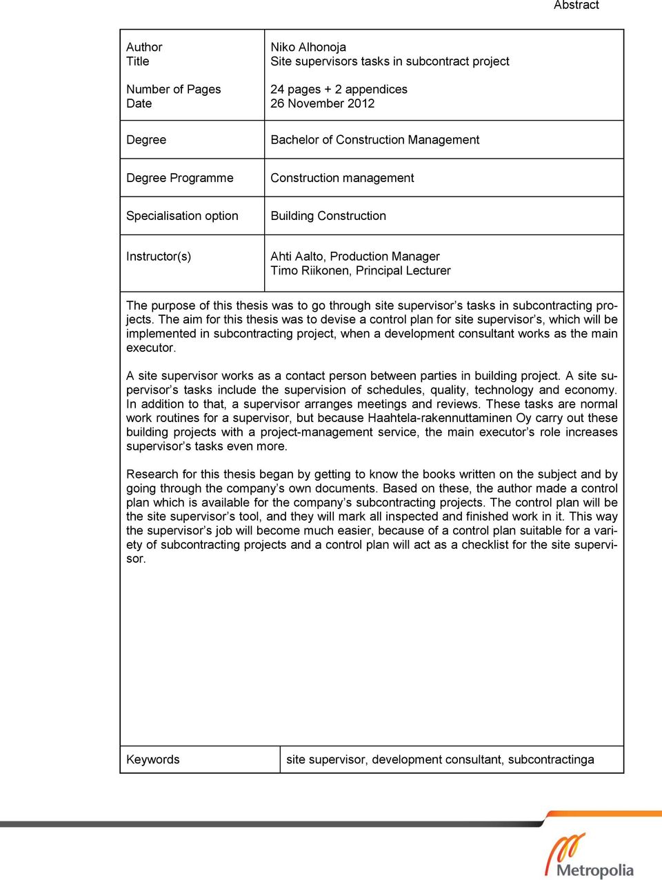 through site supervisor s tasks in subcontracting projects.