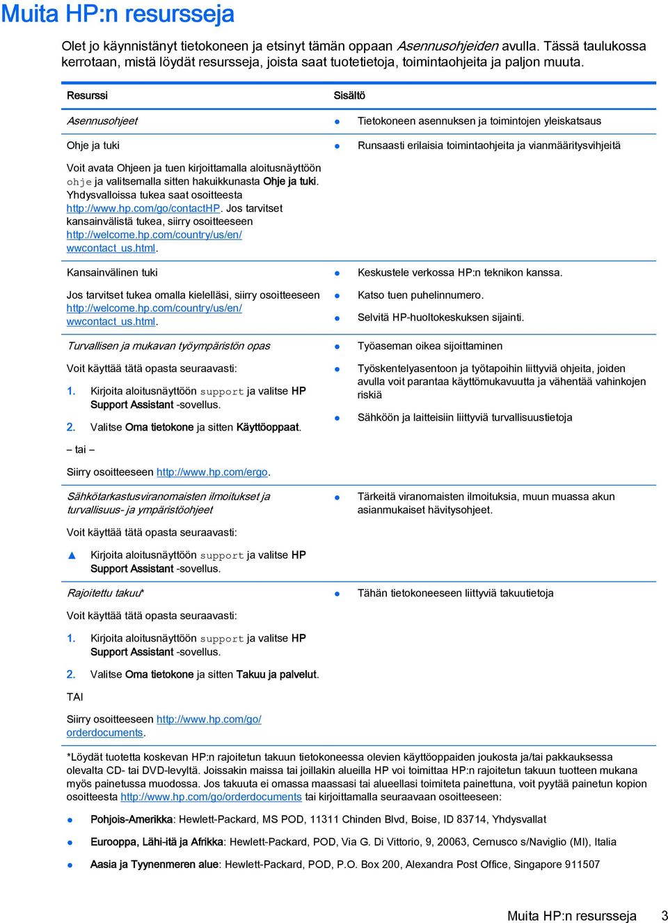 Resurssi Sisältö Asennusohjeet Tietokoneen asennuksen ja toimintojen yleiskatsaus Ohje ja tuki Voit avata Ohjeen ja tuen kirjoittamalla aloitusnäyttöön ohje ja valitsemalla sitten hakuikkunasta Ohje