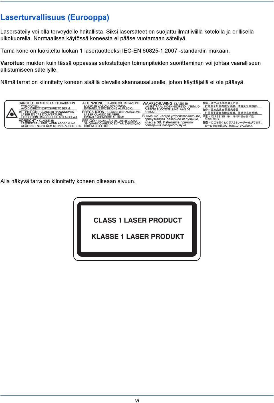 Tämä kone on luokiteltu luokan 1 lasertuotteeksi IEC-EN 60825-1:2007 -standardin mukaan.