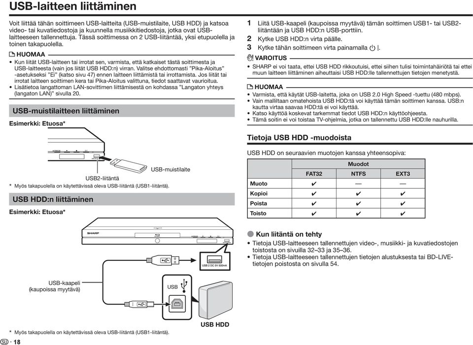 Kun liität USB-laitteen tai irrotat sen, varmista, että katkaiset tästä soittimesta ja USB-laitteesta (vain jos liität USB HDD:n) virran.