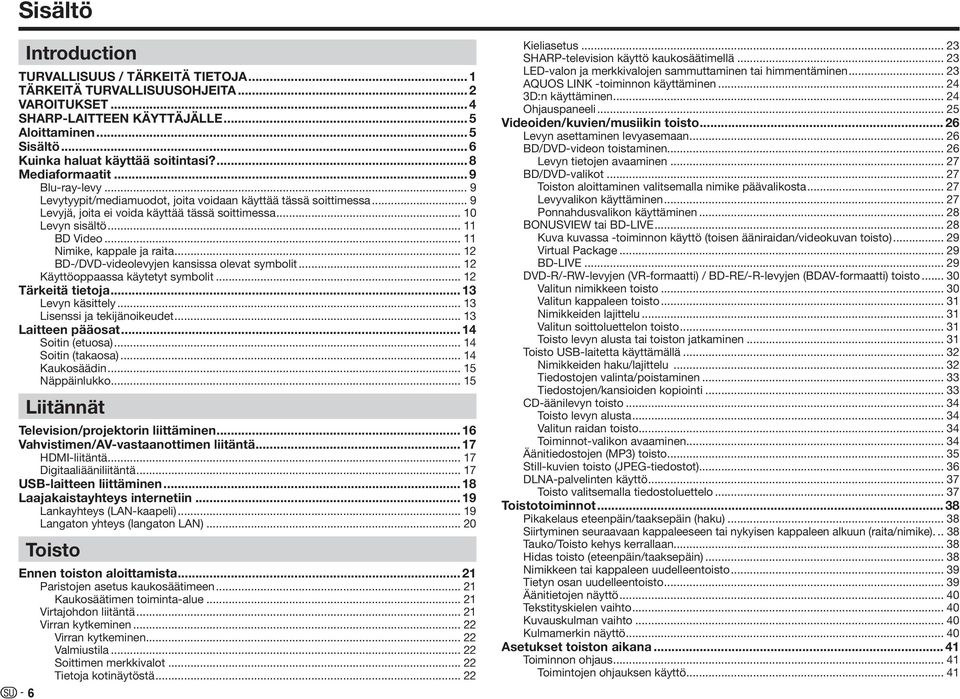 .. 10 Levyn sisältö... 11 BD Video... 11 Nimike, kappale ja raita... 12 BD-/DVD-videolevyjen kansissa olevat symbolit... 12 Käyttöoppaassa käytetyt symbolit... 12 Tärkeitä tietoja... 13 Levyn käsittely.