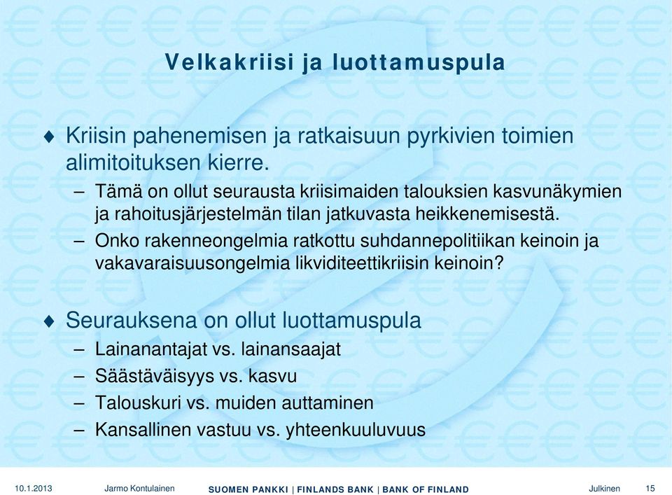 Onko rakenneongelmia ratkottu suhdannepolitiikan keinoin ja vakavaraisuusongelmia likviditeettikriisin keinoin?