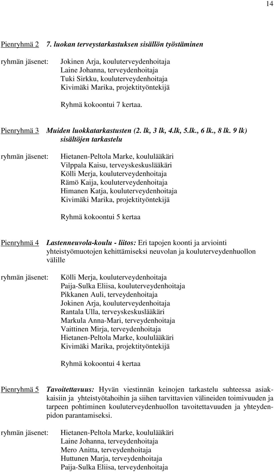 projektityöntekijä Ryhmä kokoontui 7 kertaa. Pienryhmä 3 Muiden luokkatarkastusten (2. lk, 3 lk, 4.lk, 5.lk., 6 lk., 8 lk.