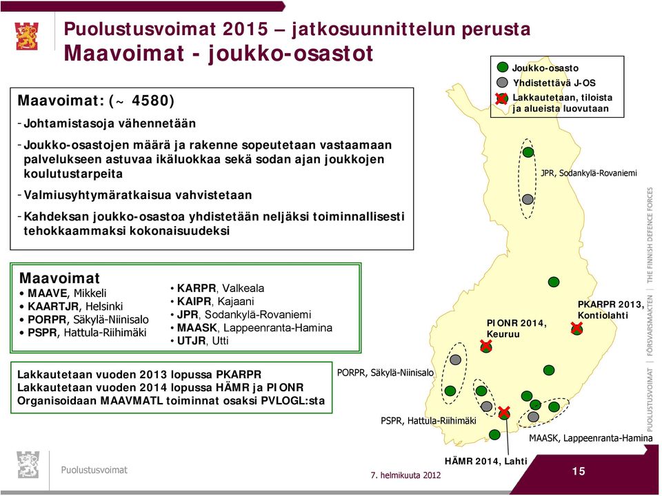 Yhdistettävä J-OS Lakkautetaan, tiloista ja alueista luovutaan JPR, Sodankylä-Rovaniemi Maavoimat MAAVE, Mikkeli KAARTJR, Helsinki PORPR, Säkylä-Niinisalo PSPR, Hattula-Riihimäki KARPR, Valkeala