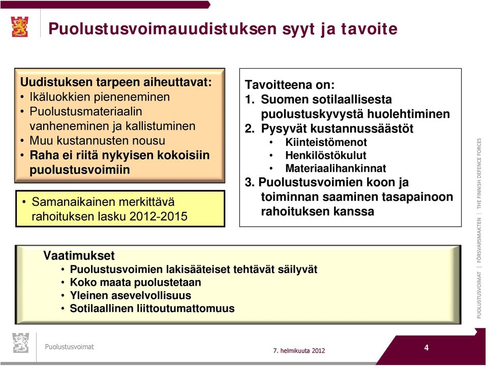 Suomen sotilaallisesta puolustuskyvystä huolehtiminen 2. Pysyvät kustannussäästöt Kiinteistömenot Henkilöstökulut Materiaalihankinnat 3.