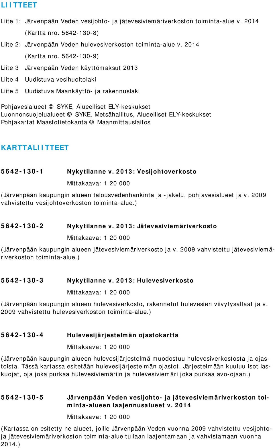 5642-130-9) Liite 3 Järvenpään Veden käyttömaksut 2013 Liite 4 Uudistuva vesihuoltolaki Liite 5 Uudistuva Maankäyttö- ja rakennuslaki Pohjavesialueet SYKE, Alueelliset ELY-keskukset