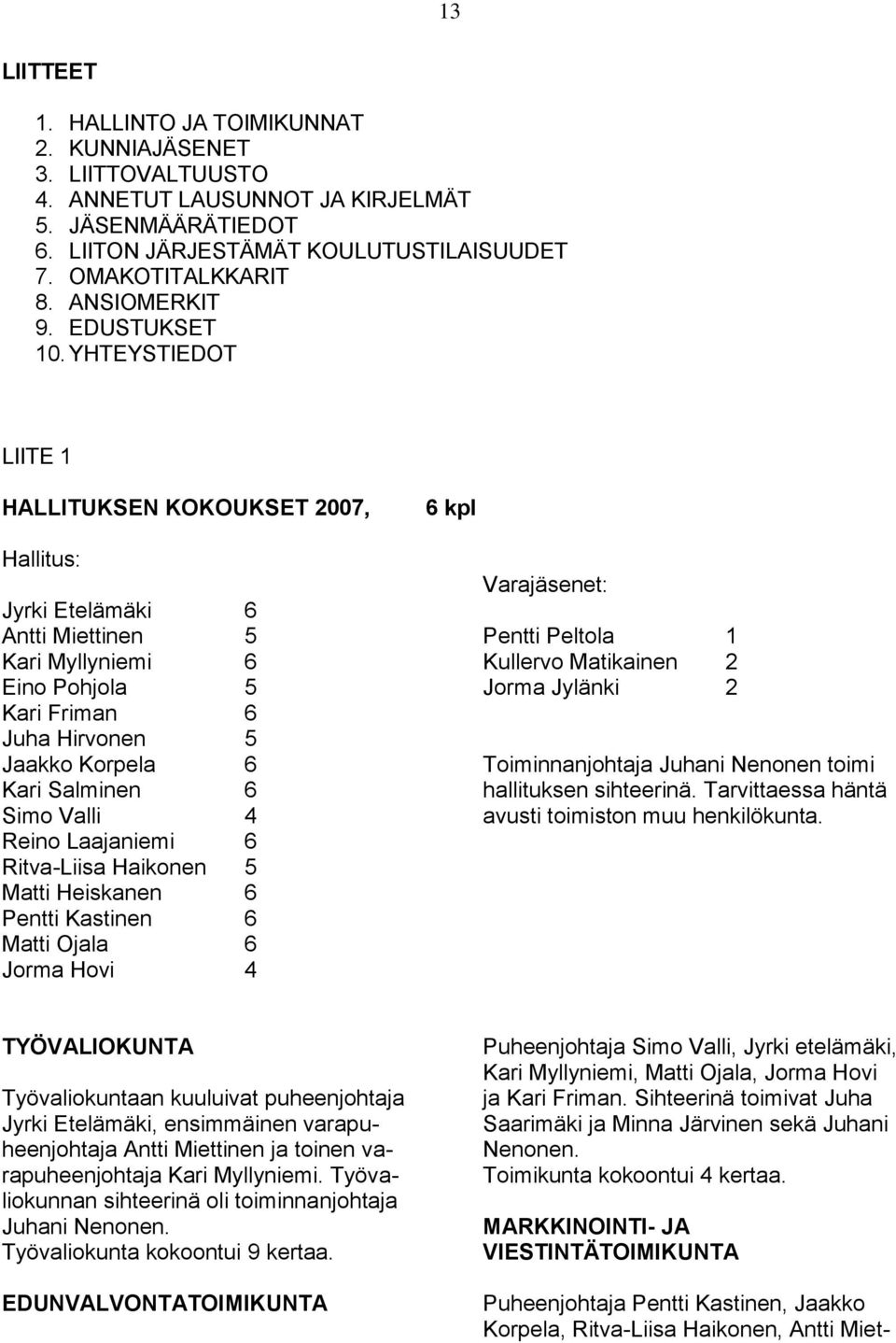 YHTEYSTIEDOT LIITE 1 HALLITUKSEN KOKOUKSET 2007, 6 kpl Hallitus: Jyrki Etelämäki 6 Antti Miettinen 5 Kari Myllyniemi 6 Eino Pohjola 5 Kari Friman 6 Juha Hirvonen 5 Jaakko Korpela 6 Kari Salminen 6