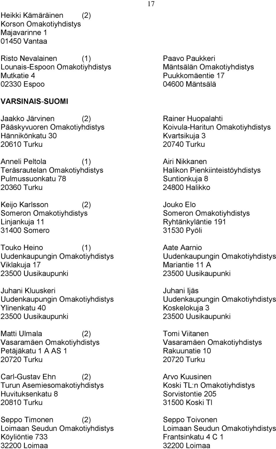 Anneli Peltola (1) Airi Nikkanen Teräsrautelan Omakotiyhdistys Halikon Pienkiinteistöyhdistys Pulmussuonkatu 78 Suntionkuja 8 20360 Turku 24800 Halikko Keijo Karlsson (2) Jouko Elo Someron