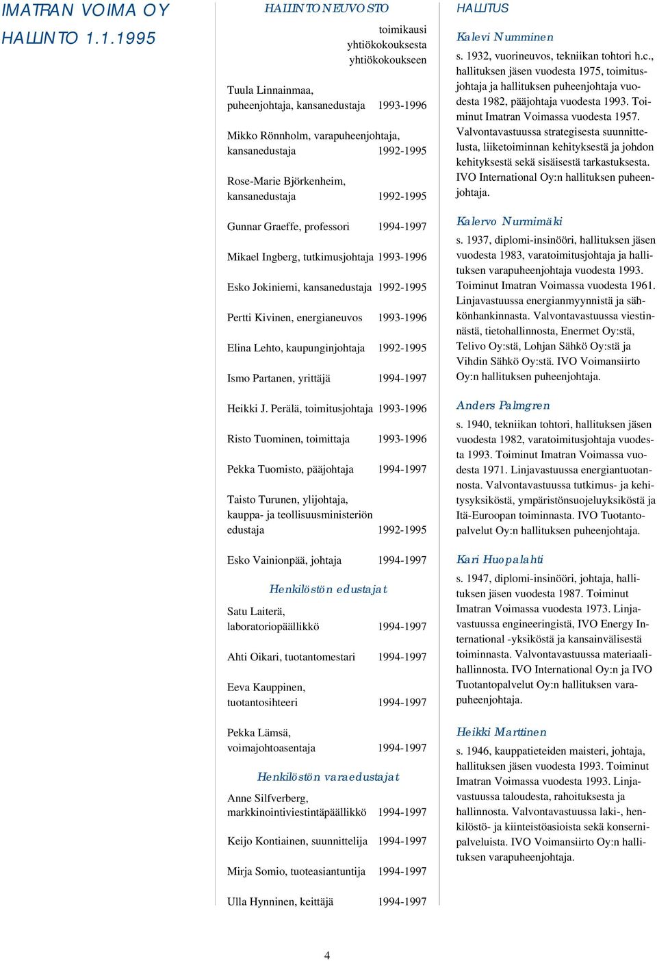 Björkenheim, kansanedustaja 1992-1995 Gunnar Graeffe, professori 1994-1997 Mikael Ingberg, tutkimusjohtaja 1993-1996 Esko Jokiniemi, kansanedustaja 1992-1995 Pertti Kivinen, energianeuvos 1993-1996