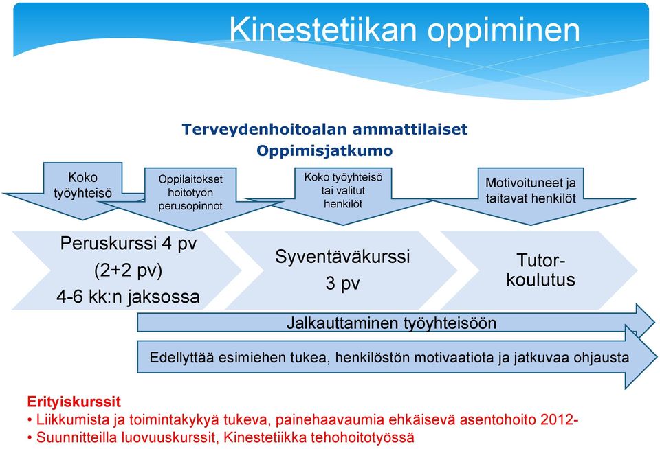 Jalkauttaminen työyhteisöön Tutorkoulutus Edellyttää esimiehen tukea, henkilöstön motivaatiota ja jatkuvaa ohjausta Erityiskurssit