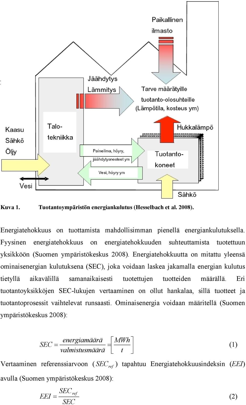 Energiatehokkuutta on mitattu yleensä ominaisenergian kulutuksena (SEC), joka voidaan laskea jakamalla energian kulutus tietyllä aikavälillä samanaikaisesti tuotettujen tuotteiden määrällä.