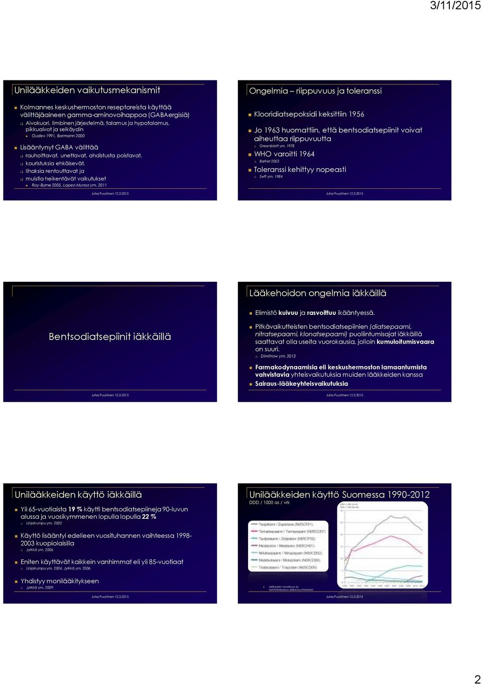 Roy-Byrne 2005, Lopez-Munoz ym. 2011 Ongelmia riippuvuus ja toleranssi Klooridiatsepoksidi keksittiin 1956 Jo 1963 huomattiin, että bentsodiatsepiinit voivat aiheuttaa riippuvuutta Greenblatt ym.