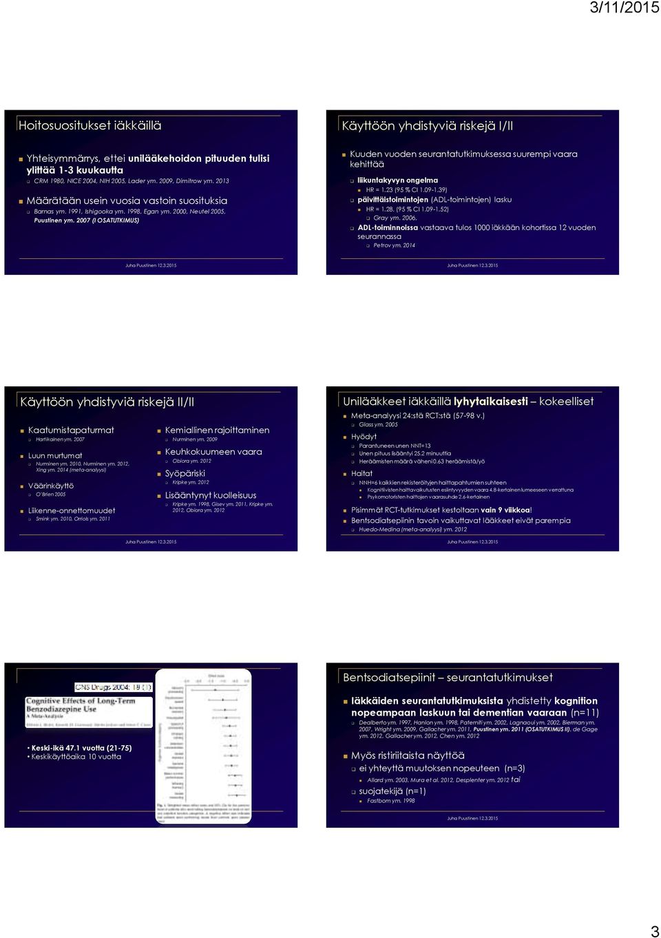 2007 (I OSATUTKIMUS) Kuuden vuoden seurantatutkimuksessa suurempi vaara kehittää liikuntakyvyn ongelma HR = 1.23 (95 % CI 1.09-1.39) päivittäistoimintojen (ADL-toimintojen) lasku HR = 1.