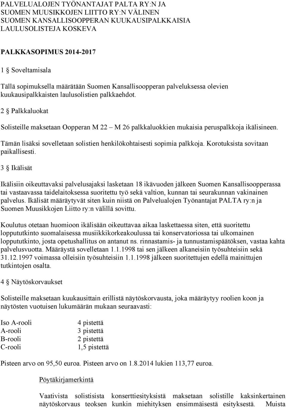2 Palkkaluokat Solisteille maksetaan Oopperan M 22 M 26 palkkaluokkien mukaisia peruspalkkoja ikälisineen. Tämän lisäksi sovelletaan solistien henkilökohtaisesti sopimia palkkoja.