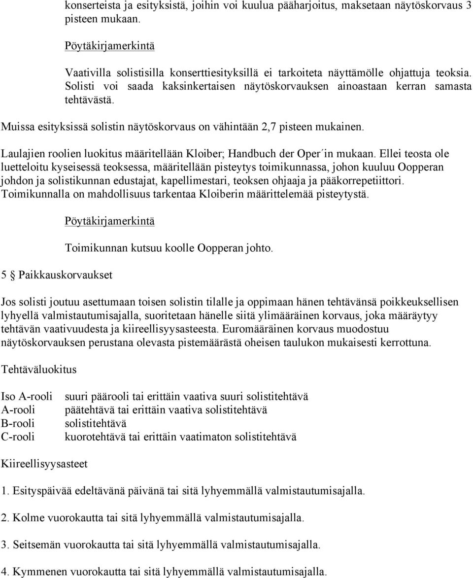 Muissa esityksissä solistin näytöskorvaus on vähintään 2,7 pisteen mukainen. Laulajien roolien luokitus määritellään Kloiber; Handbuch der Oper in mukaan.