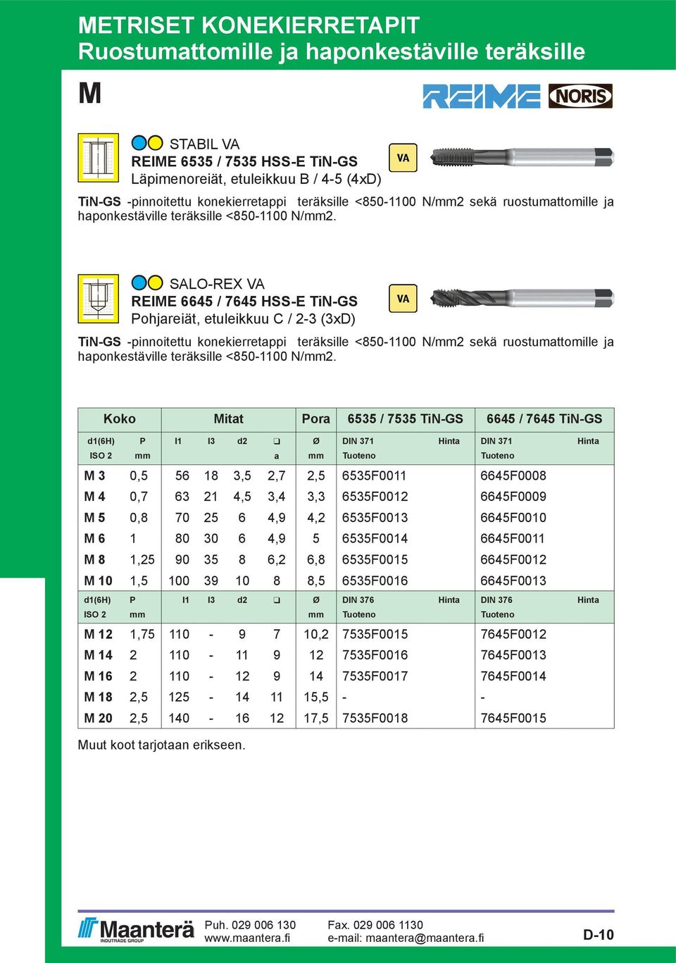 SALO-REX VA REIE 6645 / 7645 HSS-E TiN-GS Pohjareiät, etuleikkuu C / 2-3 (3x) TiN-GS -pinnoitettu konekierretappi teräksille  Koko itat Pora 6535 / 7535 TiN-GS 6645 / 7645 TiN-GS d1(6h) P l1 l3 d2 q