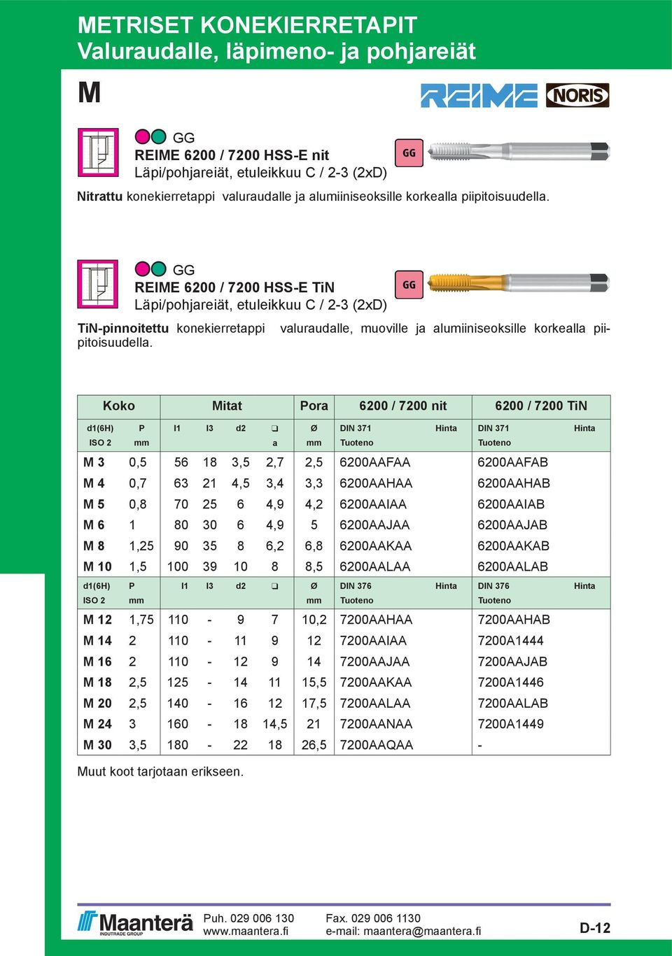 GG REIE 6200 / 7200 HSS-E TiN Läpi/pohjareiät, etuleikkuu C / 2-3 (2x) TiN-pinnoitettu konekierretappi valuraudalle, muoville ja alumiiniseoksille  Koko itat Pora 6200 / 7200 nit 6200 / 7200 TiN