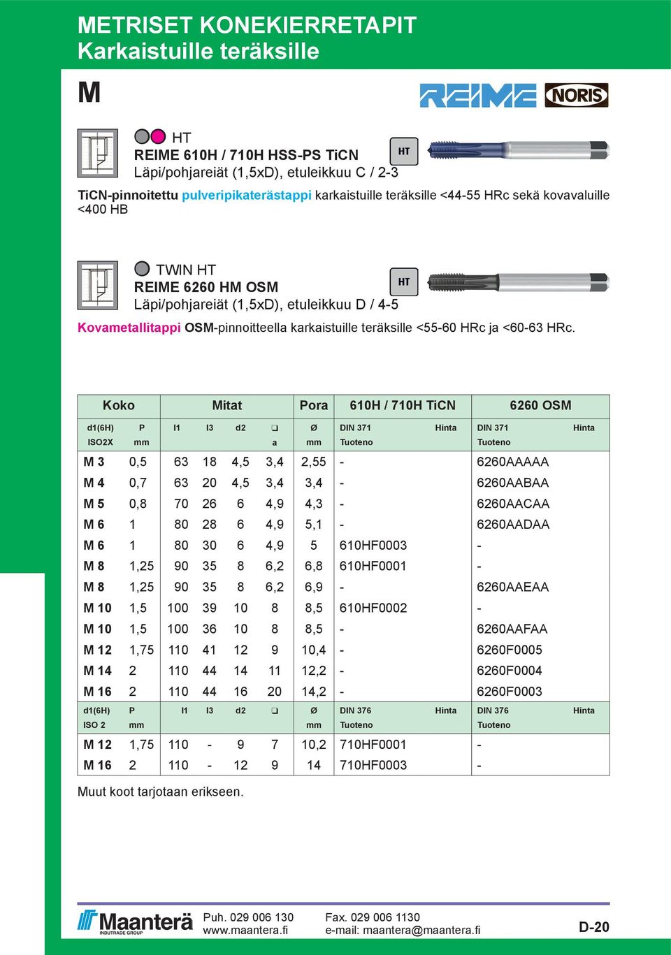 Koko itat Pora 610H / 710H TiCN 6260 OS d1(6h) P l1 l3 d2 q Ø IN 371 IN 371 ISO2X mm a mm 3 0,5 63 18 4,5 3,4 2,55-6260AAAAA 4 0,7 63 20 4,5 3,4 3,4-6260AABAA 5 0,8 70 26 6 4,9 4,3-6260AACAA 6 1 80