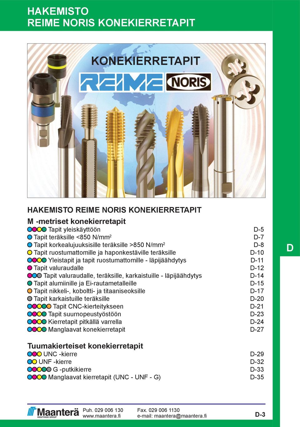 karkaistuille - läpijäähdytys -14 Tapit alumiinille ja Ei-rautametalleille -15 Tapit nikkeli-, koboltti- ja titaaniseoksille -17 Tapit karkaistuille teräksille -20 Tapit CNC-kierteitykseen -21 Tapit