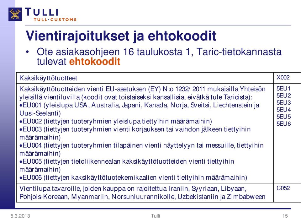 EU002 (tiettyjen tuoteryhmien yleislupa tiettyihin määrämaihin) EU003 (tiettyjen tuoteryhmien vienti korjauksen tai vaihdon jälkeen tiettyihin määrämaihin) EU004 (tiettyjen tuoteryhmien tilapäinen