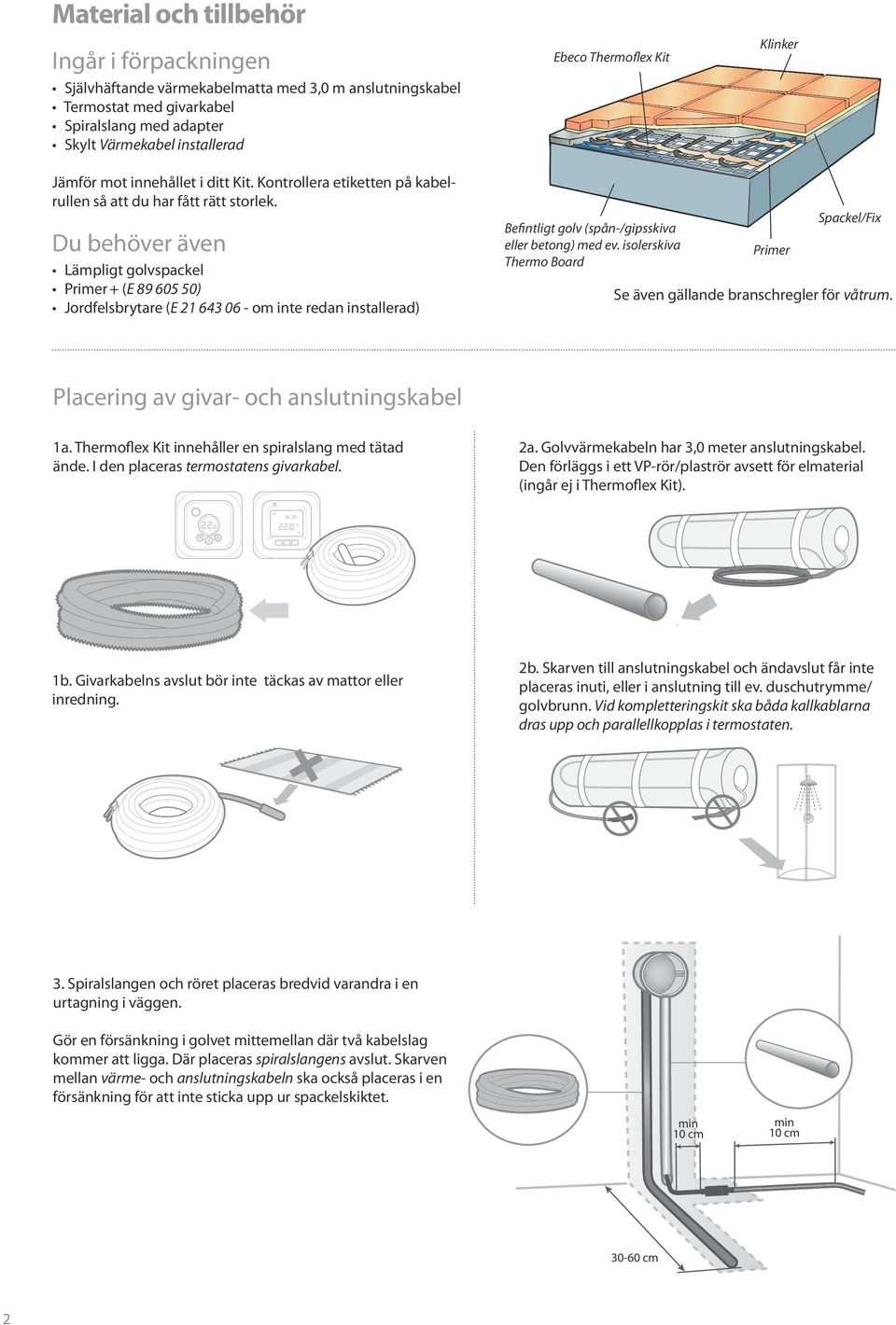 Du behöver även Lämpligt golvspackel Primer + (E 89 605 50) Jordfelsbrytare (E 21 643 06 - om inte redan installerad) Befintligt golv (spån-/gipsskiva eller betong) med ev.