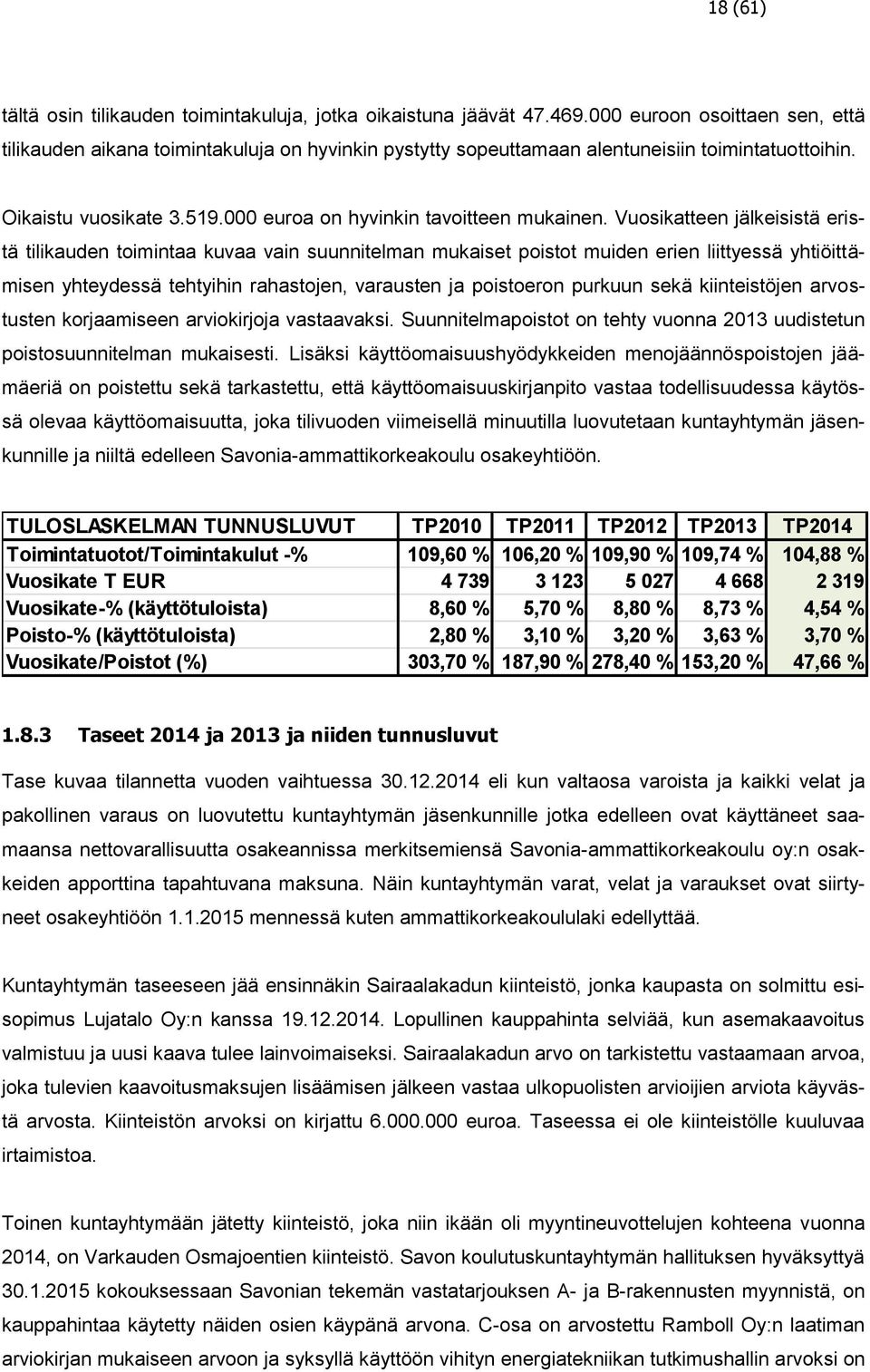 Vuosikatteen jälkeisistä eristä tilikauden toimintaa kuvaa vain suunnitelman mukaiset poistot muiden erien liittyessä yhtiöittämisen yhteydessä tehtyihin rahastojen, varausten ja poistoeron purkuun